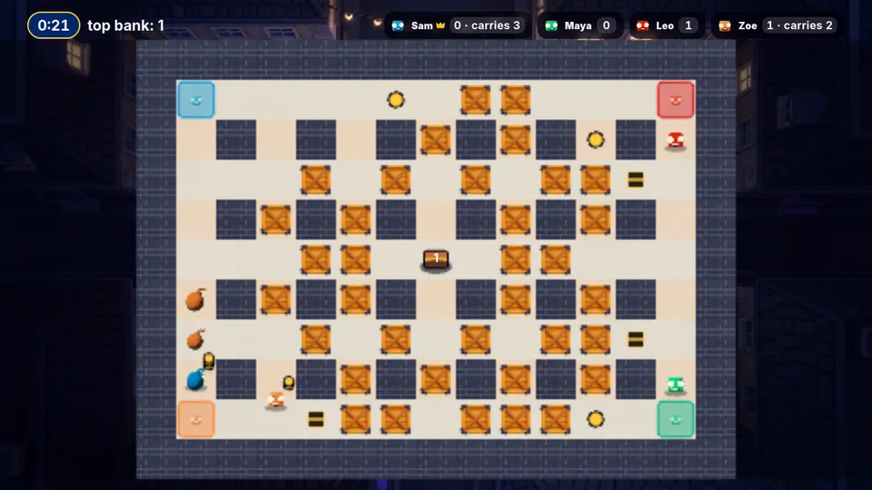 Blast Arena: bombs tick on a crate-filled grid as four players race for pickups