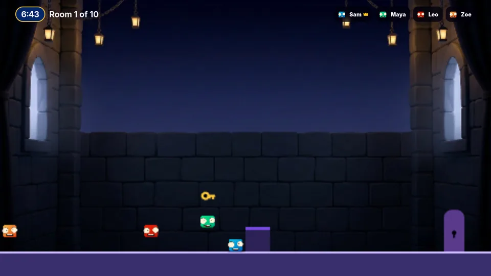 Dungeon: four players stack up to reach the key and the door in a co-op room