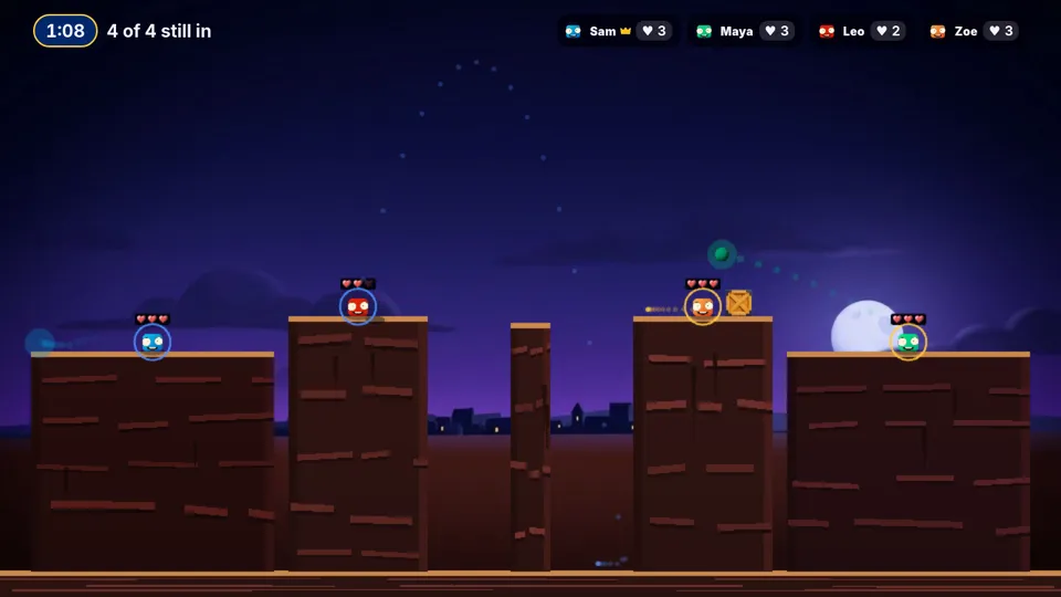 Slingshot: four players on rooftops fire shots at each other under a moon
