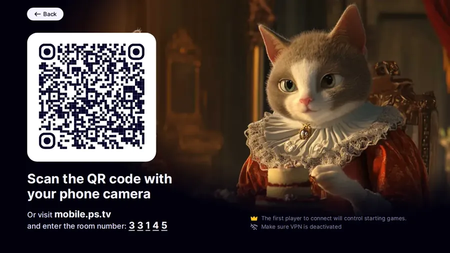 A close-up of the TV lobby: a QR code, the address mobile.ps.tv and the room number 33145