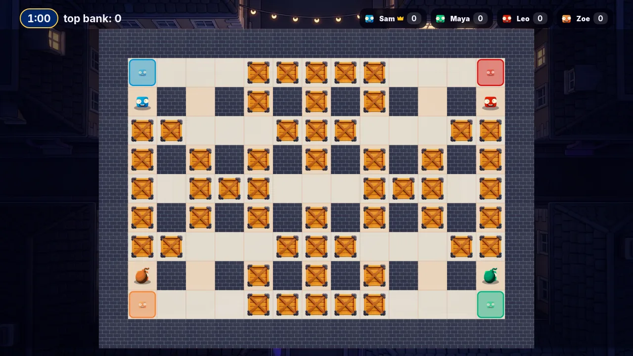 Blast Arena on the TV: bombs tick on a crate-filled grid as players race for pickups